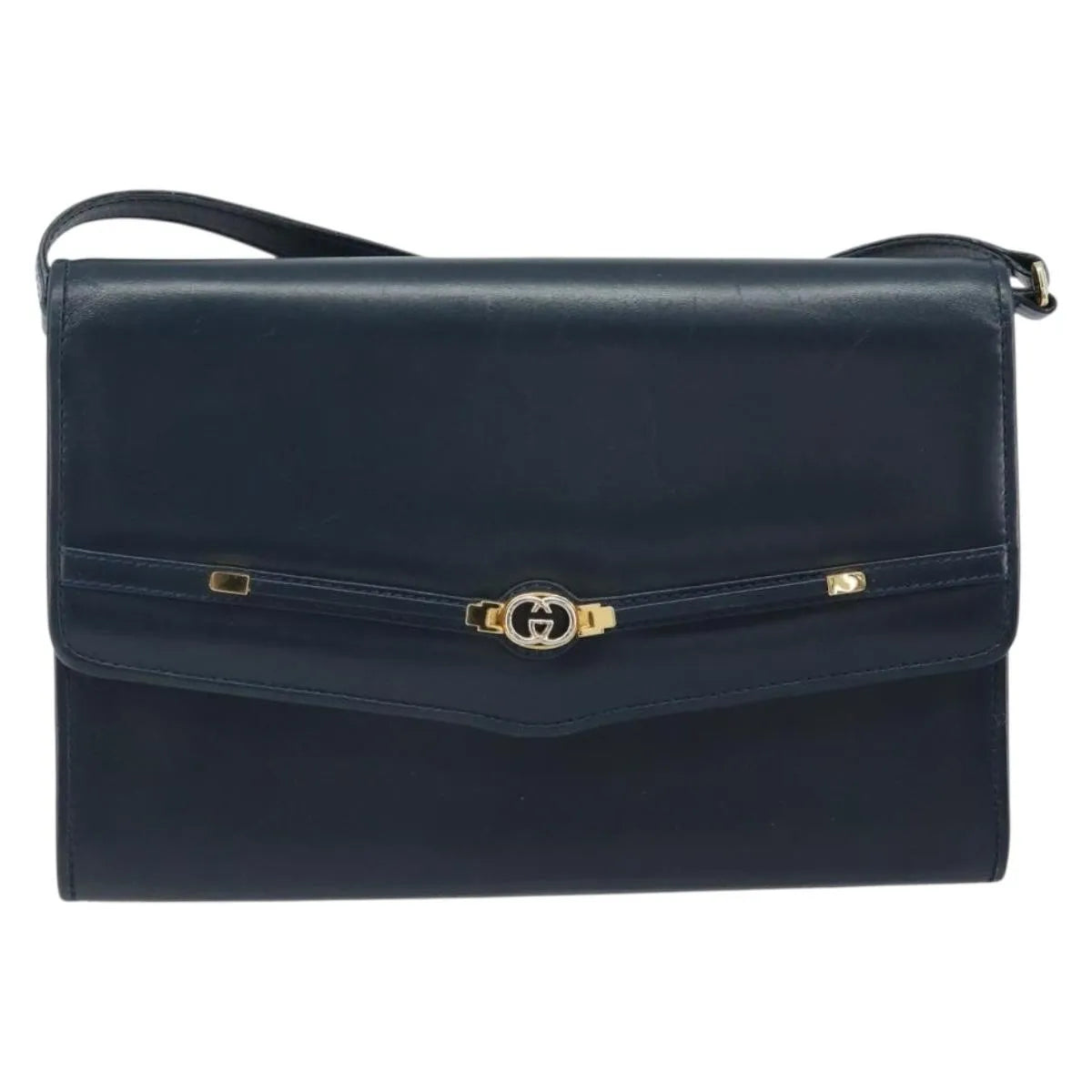 Gucci Vintage Interlocking G Flap Leather, Navy, Leather, Shoulder Bag