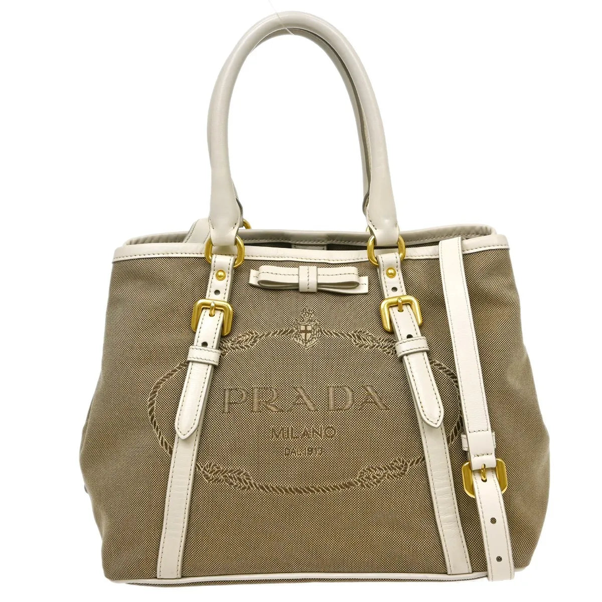 Prada Open Tote Canvas with Leather, Beige, Canvas, Handbag