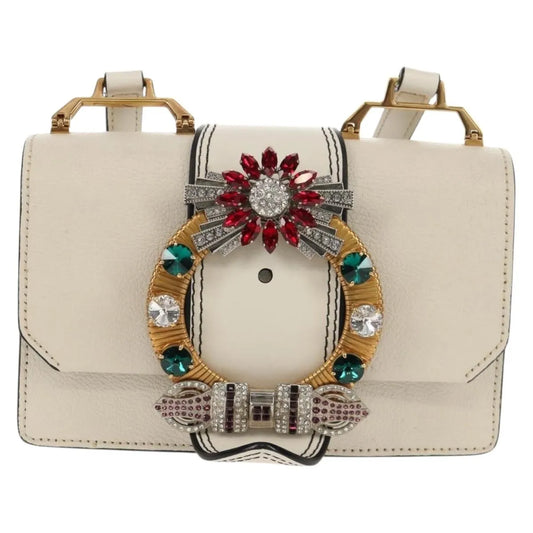Miu Miu Madras Crystal Buckle Leather, White, Leather, Shoulder Bag