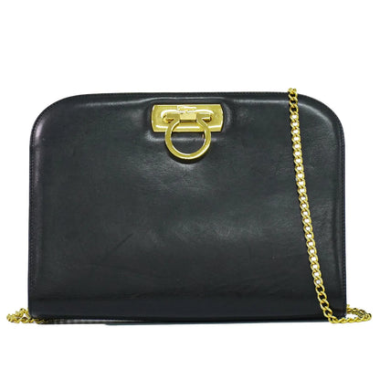 Salvatore Ferragamo Vintage Gancini Chain Leather, Black, Leather, Shoulder Bag