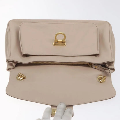 Salvatore Ferragamo Gancini Chain Leather, Beige, Leather, Shoulder Bag