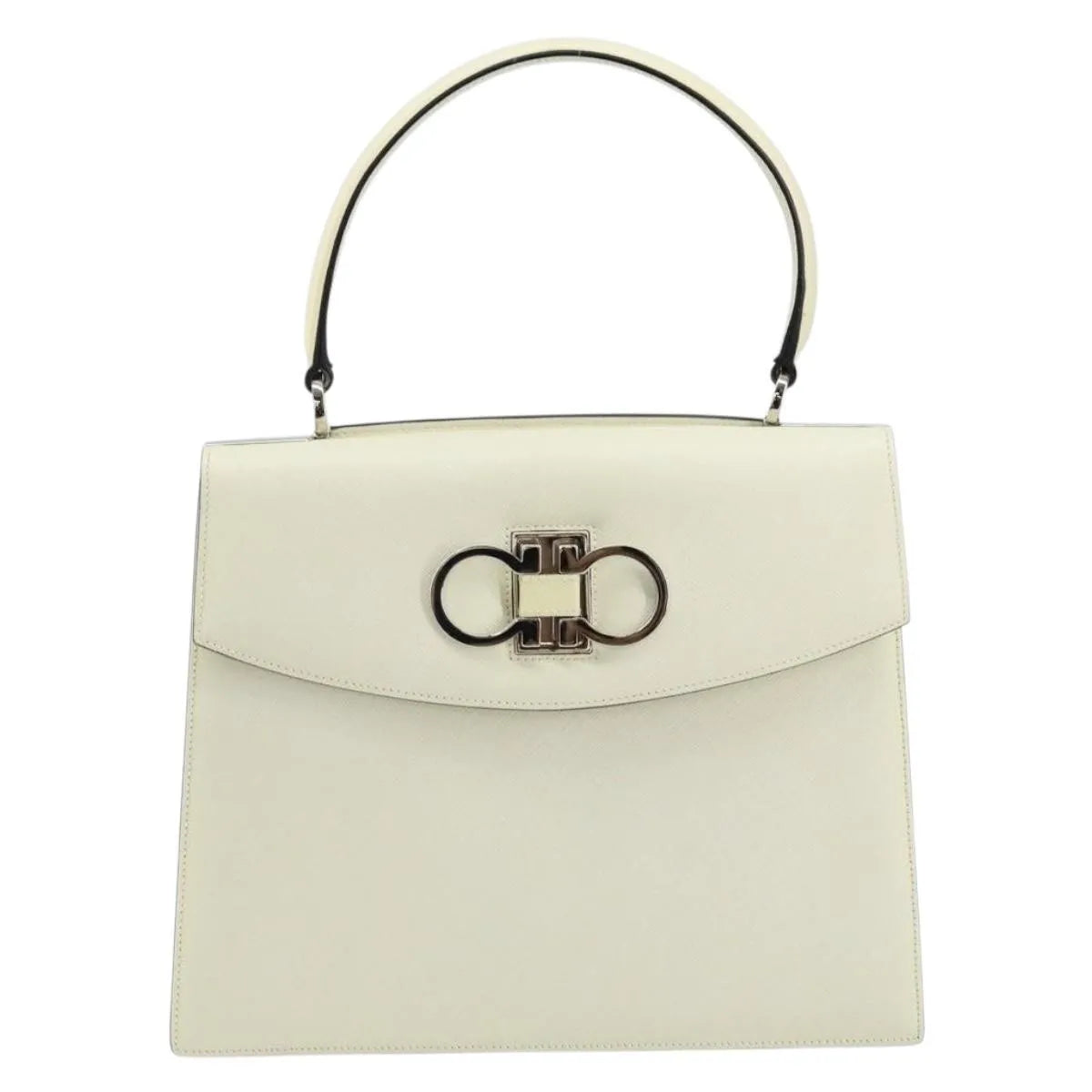 Salvatore Ferragamo Double Gancini Top Handle Saffiano Leather, White, Leather, Handbag