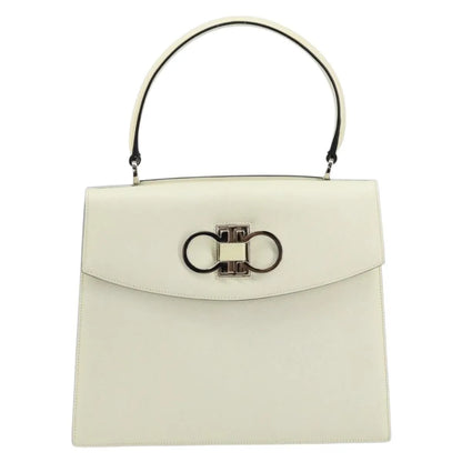Salvatore Ferragamo Double Gancini Top Handle Saffiano Leather, White, Leather, Handbag