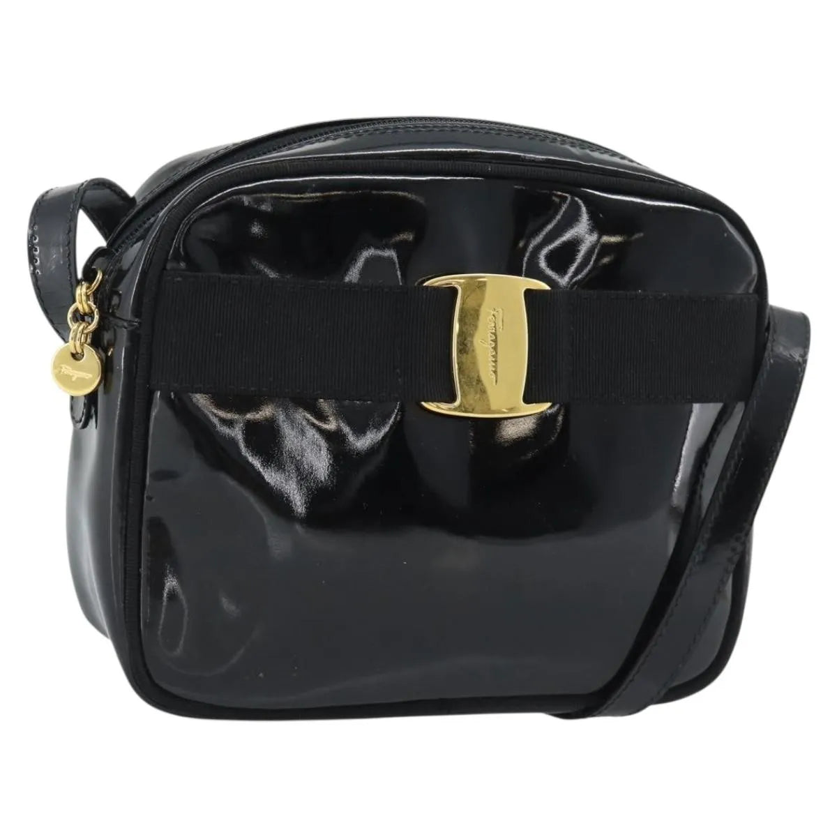 Salvatore Ferragamo Vala Patent Leather, Black, Patent Leather, Shoulder Bag