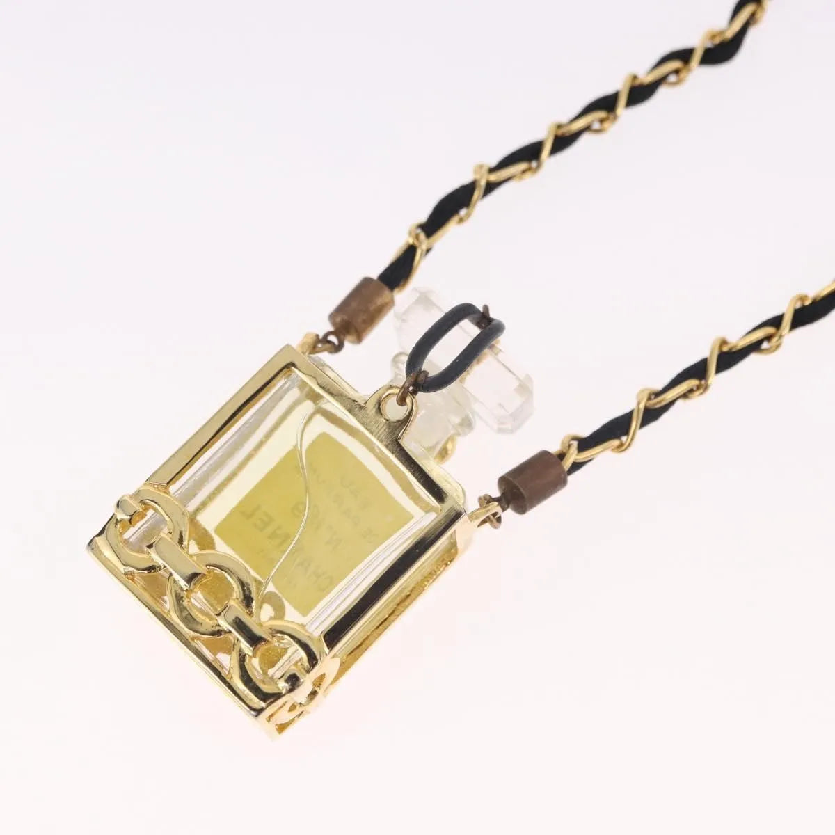"Chanel CC Perfume Bottle Pendant Chain Long Metal with Leather, Crystals and Faux Pearl", Gold, Metal, Necklace