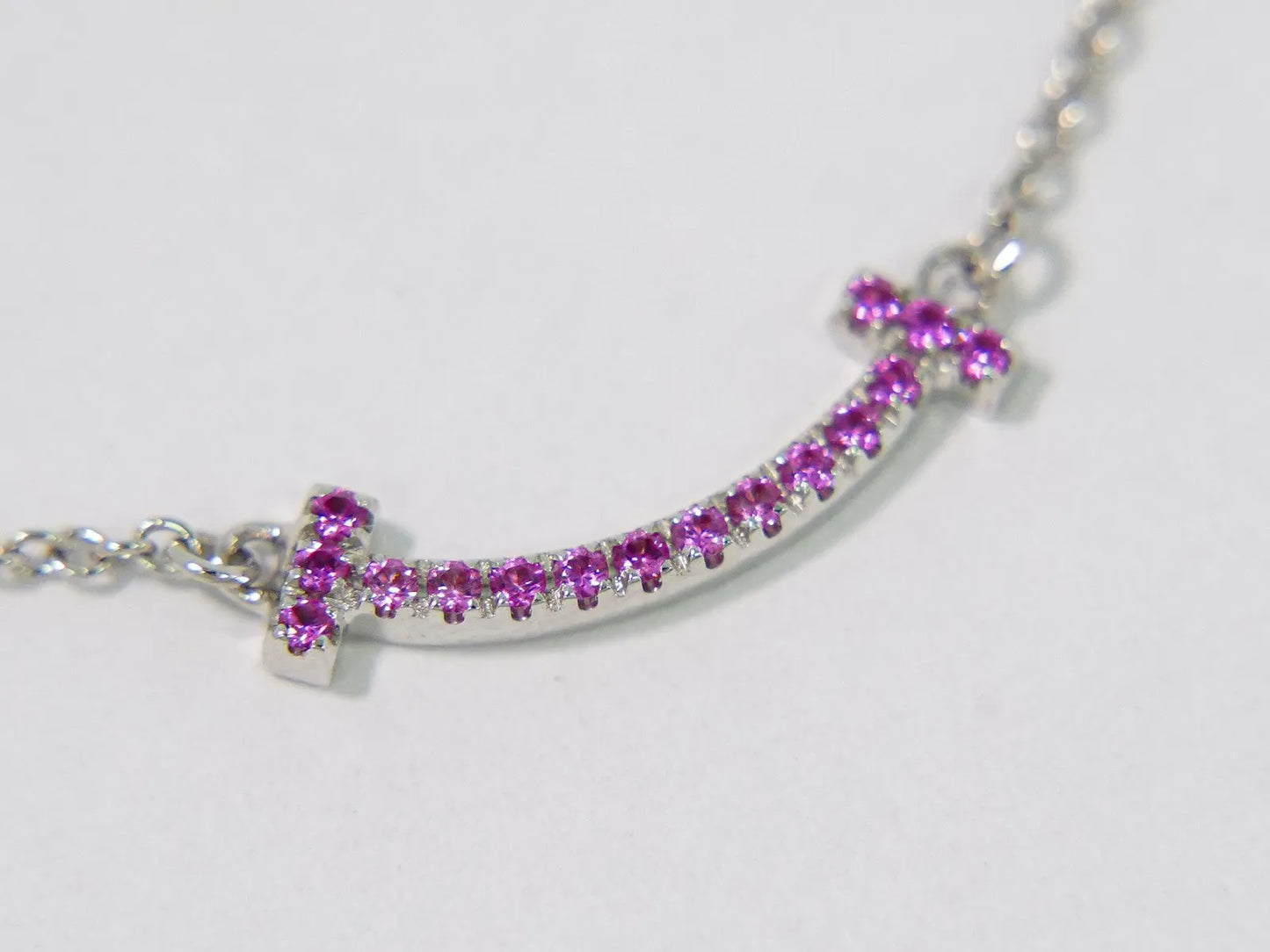 Tiffany & Co. T Smile Pendant 18K White Gold with Pink Sapphires, Silver, White Gold, Necklace