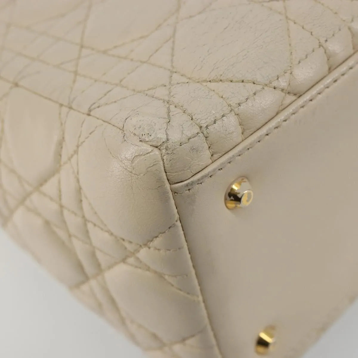 Christian Dior Lady Dior Cannage Quilt Lambskin, Beige, Leather, Handbag