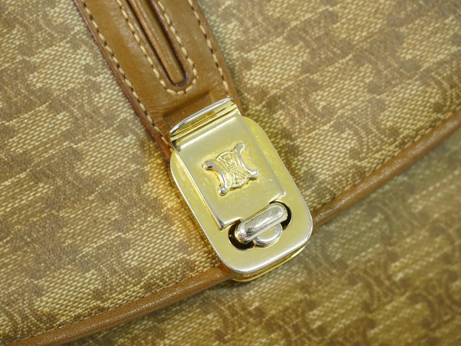 Celine Vintage Macadam Canvas and Leather, Beige, Canvas, Shoulder Bag