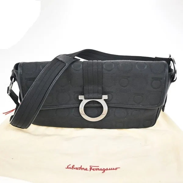 Salvatore Ferragamo Gancini Canvas, Black, Canvas, Shoulder Bag