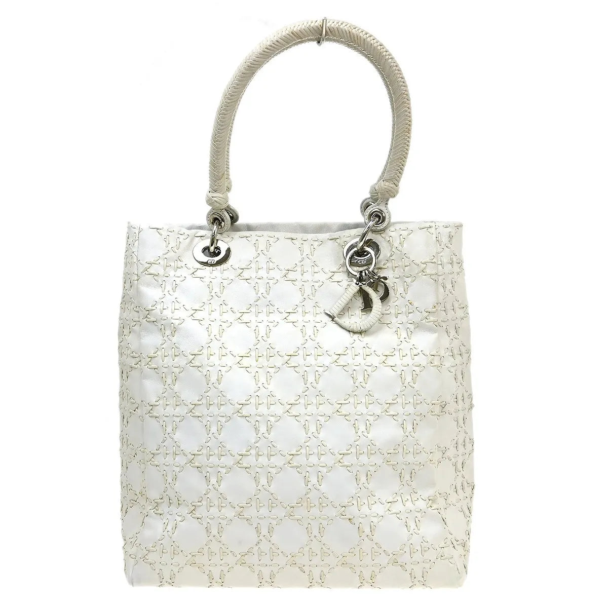 Christian Dior Vintage Lady Dior Cannage Quilt Lambskin, White, Leather, Handbag