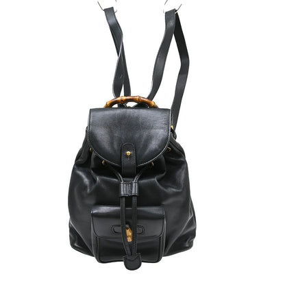 Gucci Vintage Bamboo Leather, Black, Leather, Backpack