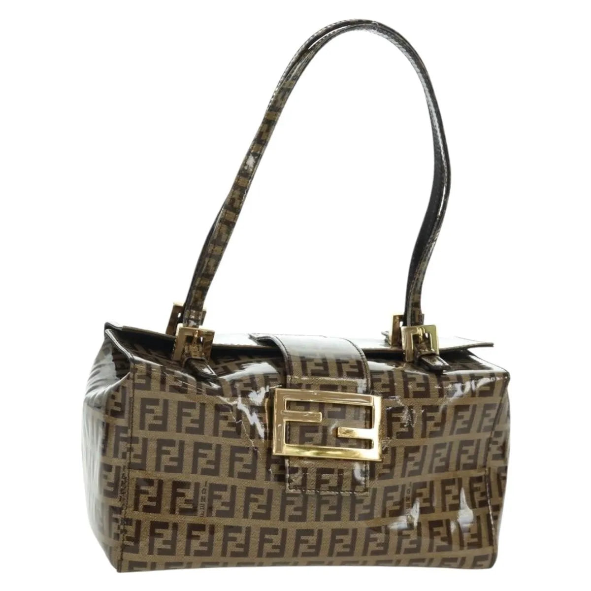 Fendi Mamma Baguette Zucca patent leather, Brown, Canvas, Shoulder Bag