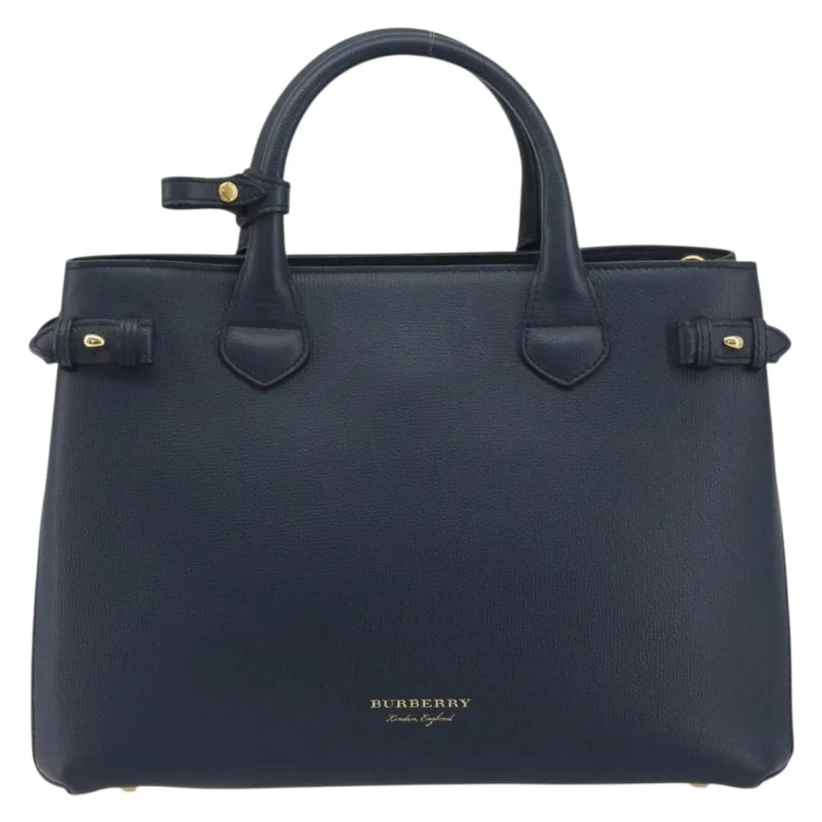 Burberry Banner Tote Leather and House Check Canvas, Navy, Leather, Handbag