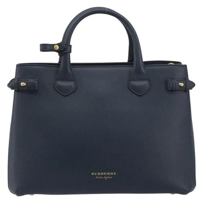 Burberry Banner Tote Leather and House Check Canvas, Navy, Leather, Handbag