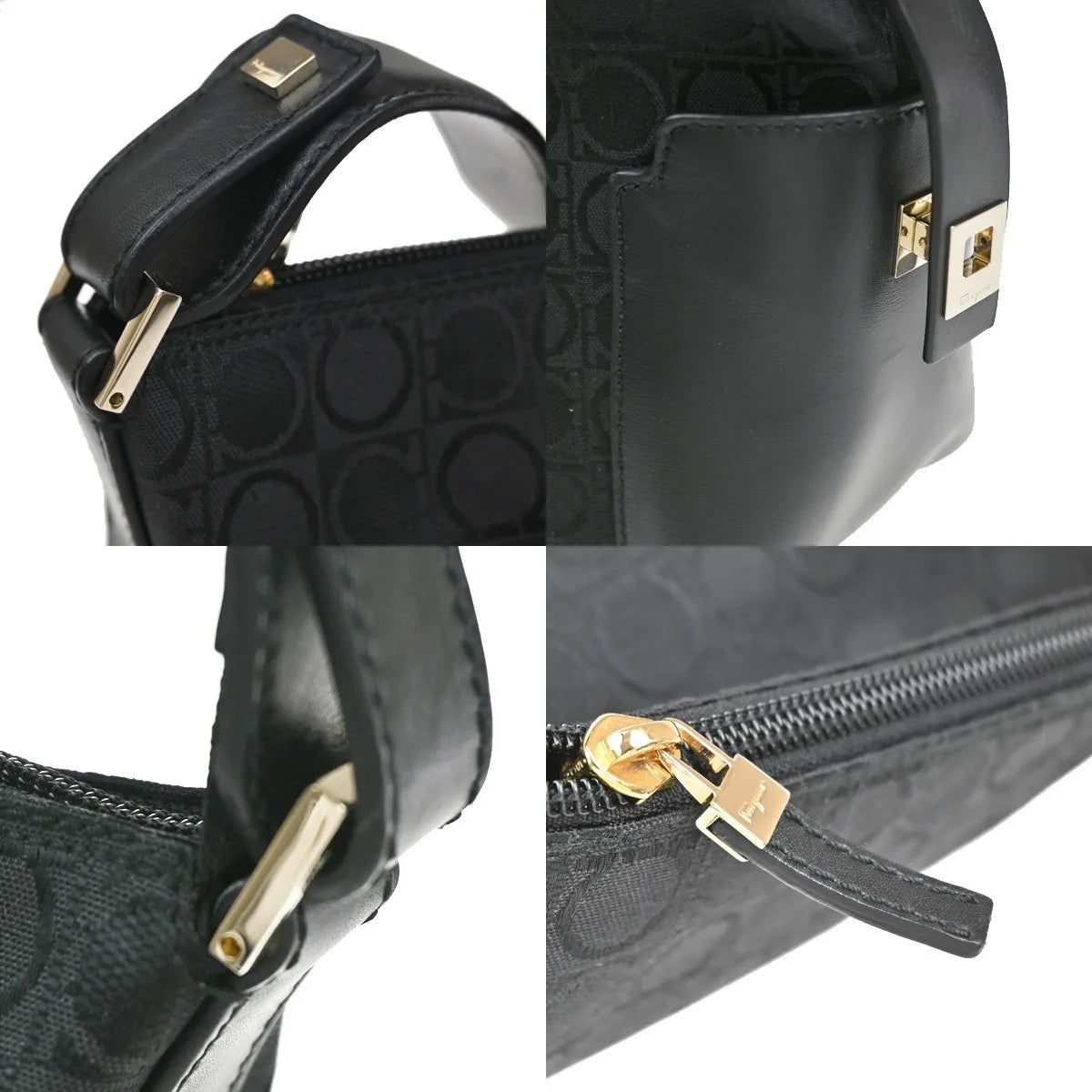 Salvatore Ferragamo Gancini Zip Canvas, Black, Canvas, Shoulder Bag