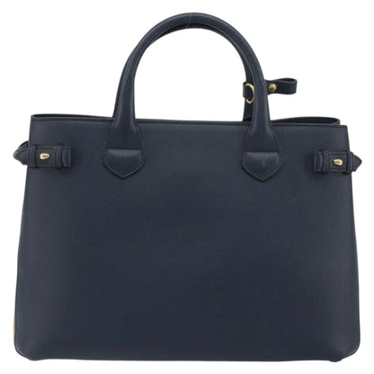 Burberry Banner Tote Leather and House Check Canvas, Navy, Leather, Handbag