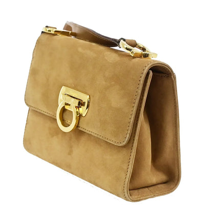 Salvatore Ferragamo Gancini Flap Suede, Beige, Suede, Shoulder Bag