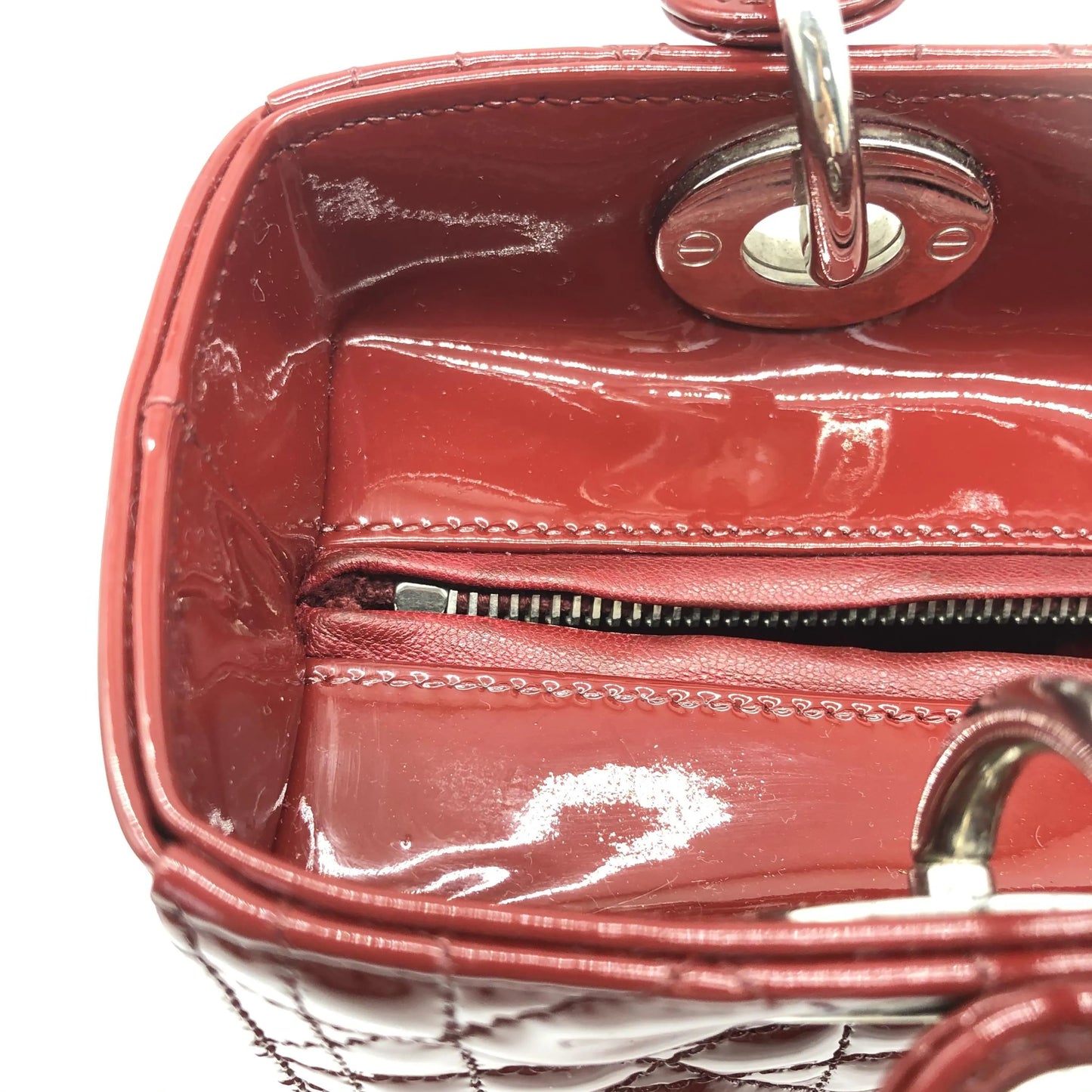Christian Dior Vintage Lady Dior Cannage Quilt Patent, Burgundy, Patent Leather, Handbag
