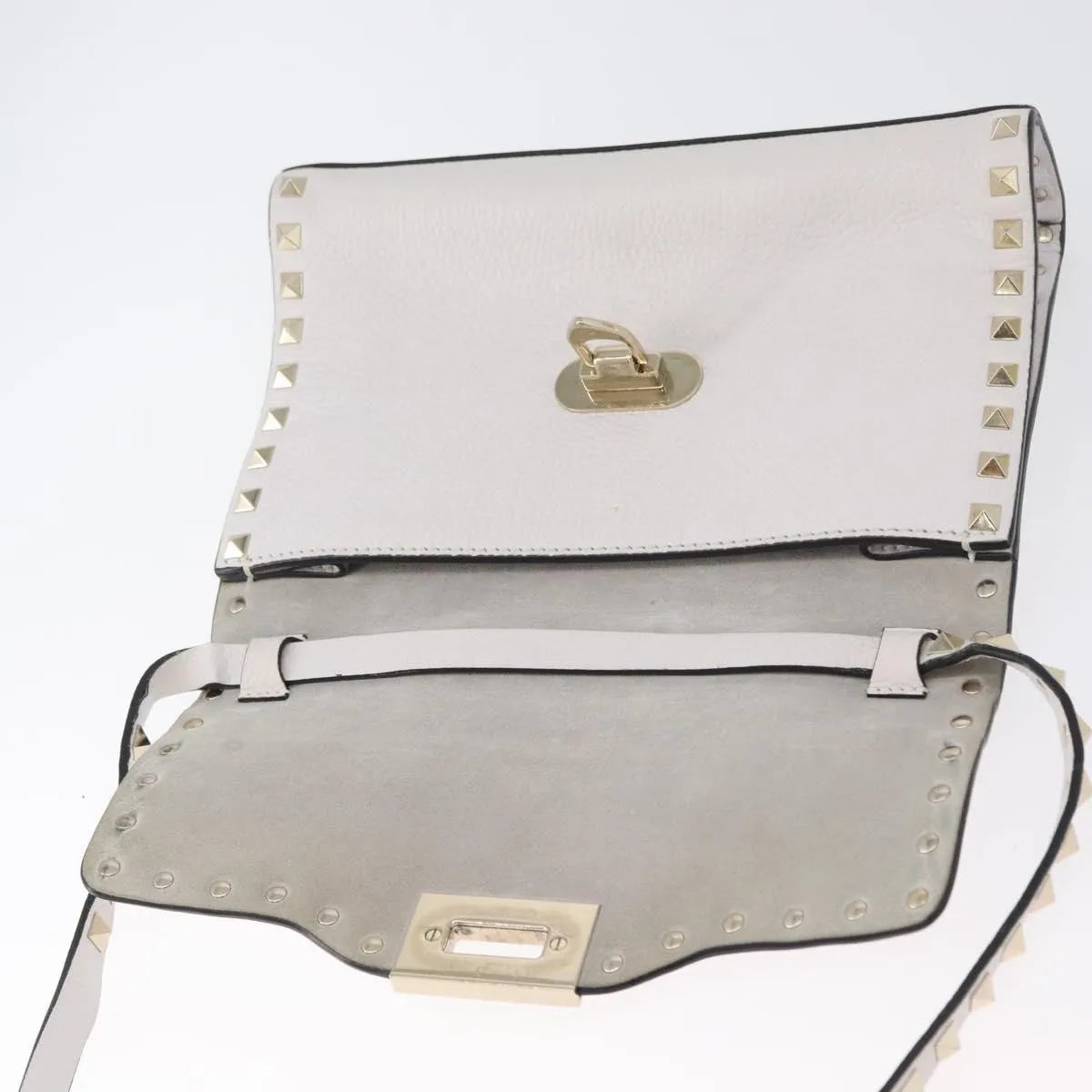Valentino Garavani Rockstud Flip Lock Flap Leather, White_gold, Leather, Shoulder Bag