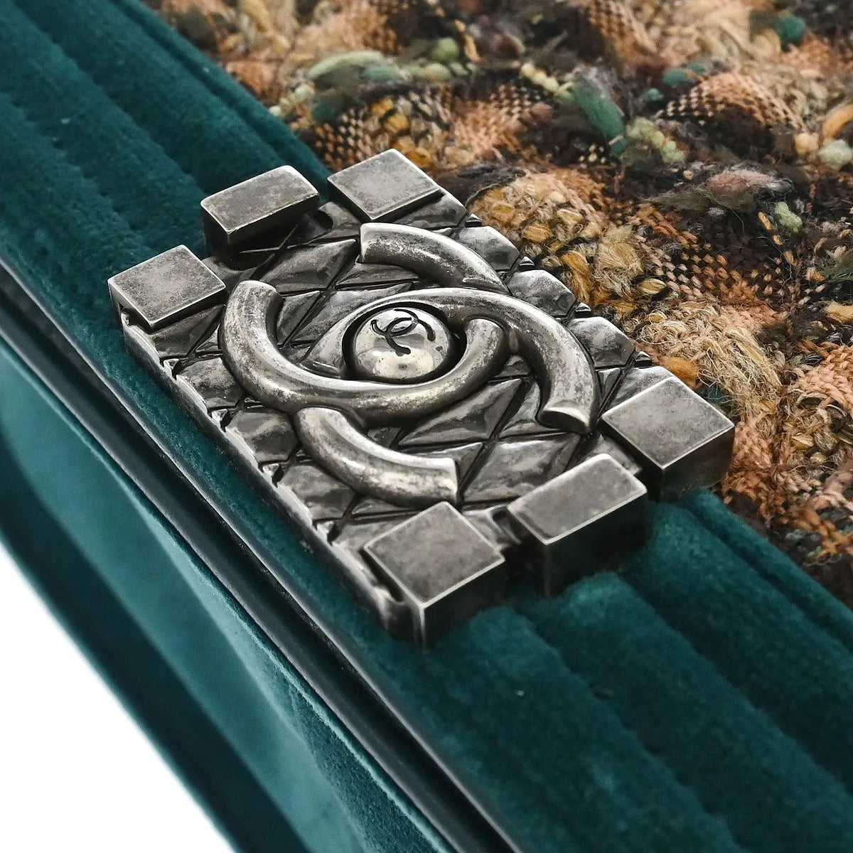 Chanel Boy Flap Quilted Tweed with Velvet, Green, Velvet, Shoulder Bag