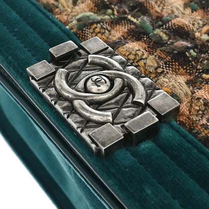 Chanel Boy Flap Quilted Tweed with Velvet, Green, Velvet, Shoulder Bag
