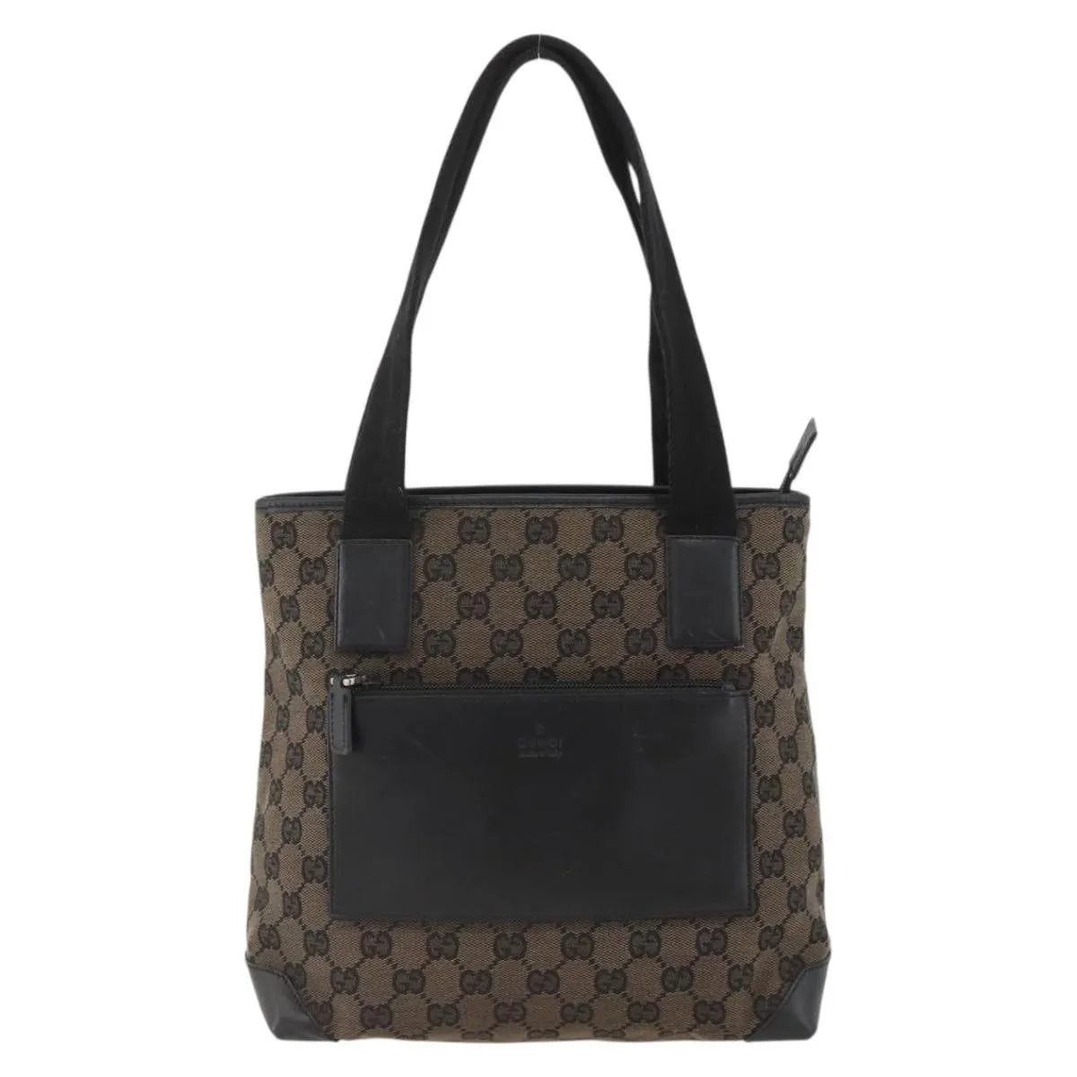 Gucci Vintage Front Pocket Tote GG Coated Canvas with Leather, Black, Canvas, Tote Bag