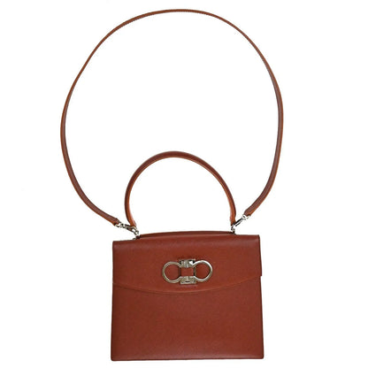 Salvatore Ferragamo Double Gancini Top Handle Saffiano Leather, Brown, Leather, Handbag