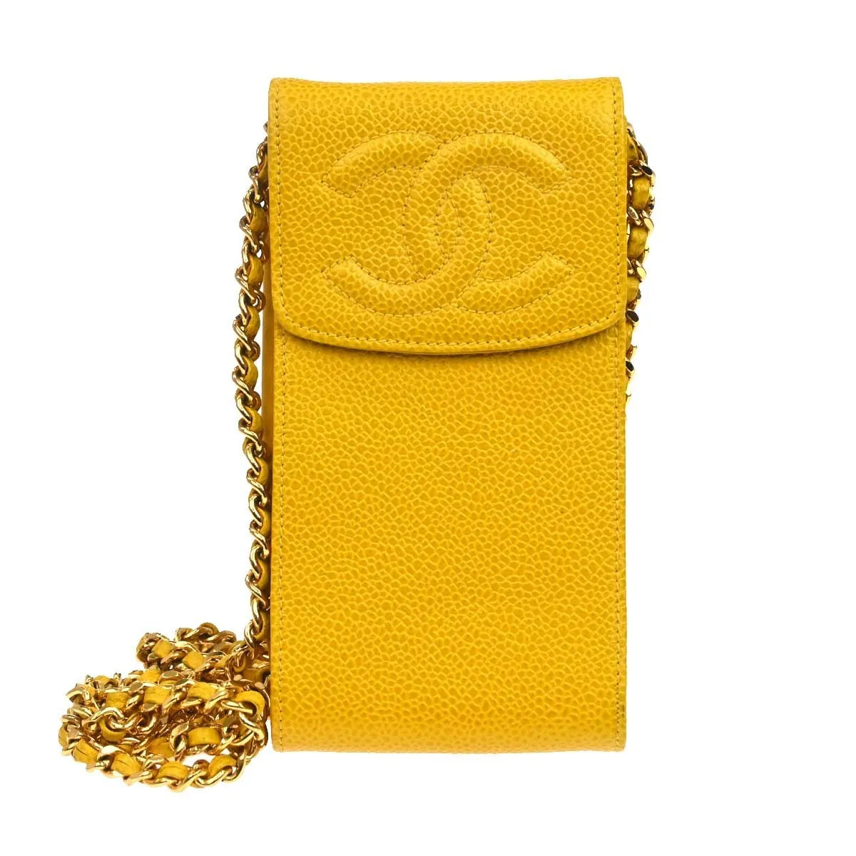 Chanel Vintage CC Phone Holder Caviar, Yellow, Leather, Clutch