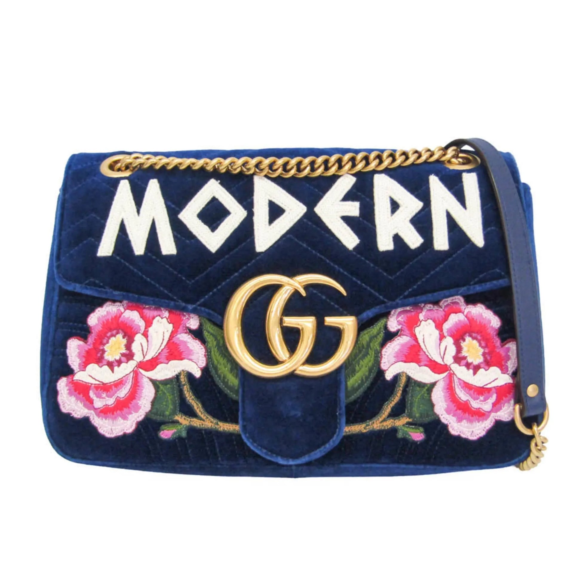 Gucci GG Marmont Flap Embroidered Matelasse Velvet, Blue, Velvet, Shoulder Bag