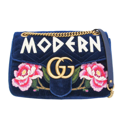 Gucci GG Marmont Flap Embroidered Matelasse Velvet, Blue, Velvet, Shoulder Bag