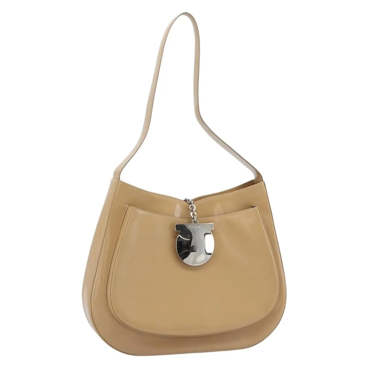 Salvatore Ferragamo Gancini Patent Leather, Beige, Patent Leather, Shoulder Bag