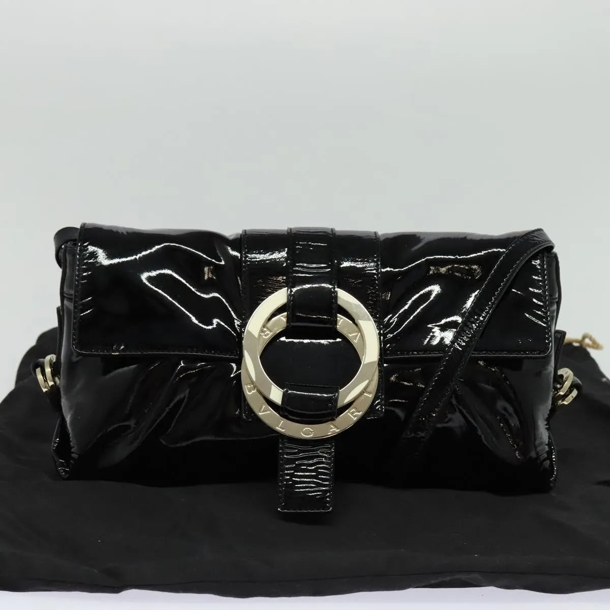 Bvlgari Chandra Flap Enamel, Black, Patent Leather, Shoulder Bag