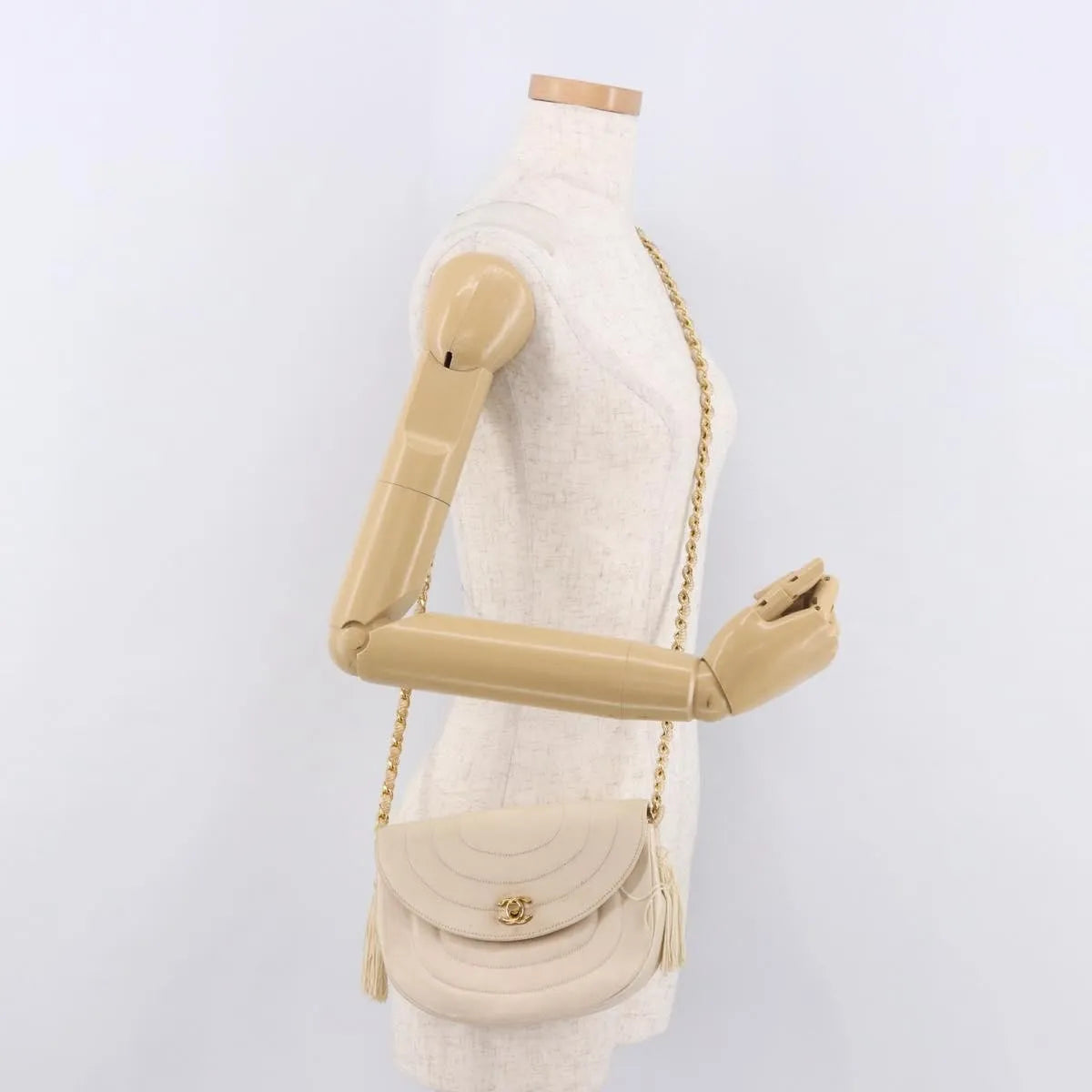 Chanel Vintage Round Flap Satin, Beige, Satin, Shoulder Bag