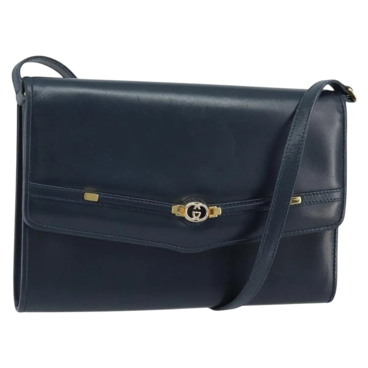 Gucci Vintage Interlocking G Flap Leather, Navy, Leather, Shoulder Bag