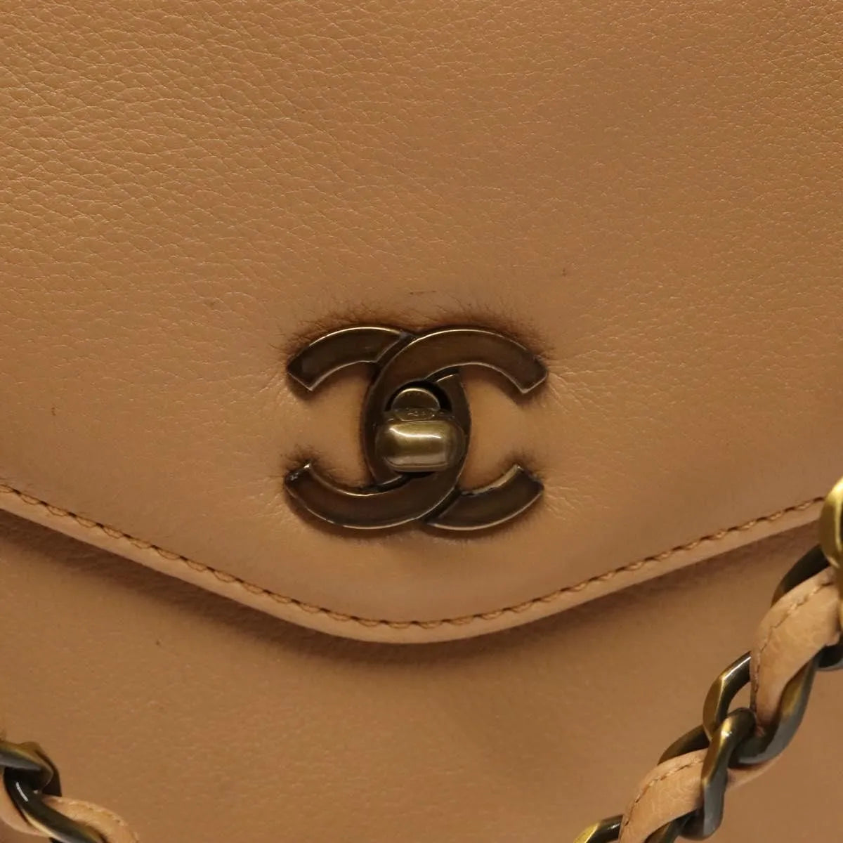 Chanel Vintage Front Pocket Tote Quilted Leather, Beige, Leather, Tote Bag