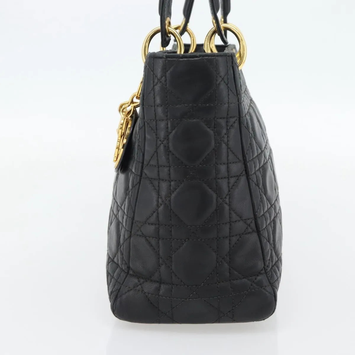 Christian Dior Vintage Lady Dior Cannage Quilt Lambskin, Black, Leather, Handbag