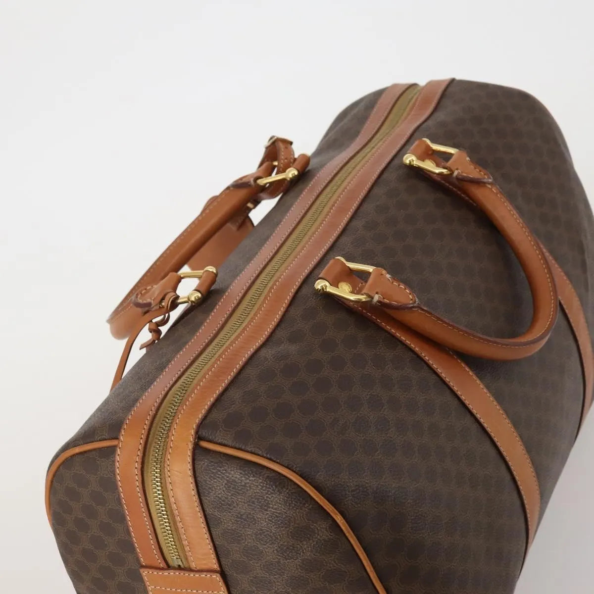 Celine Vintage Macadam Boston Canvas and Leather, Brown, PVC, Handbag