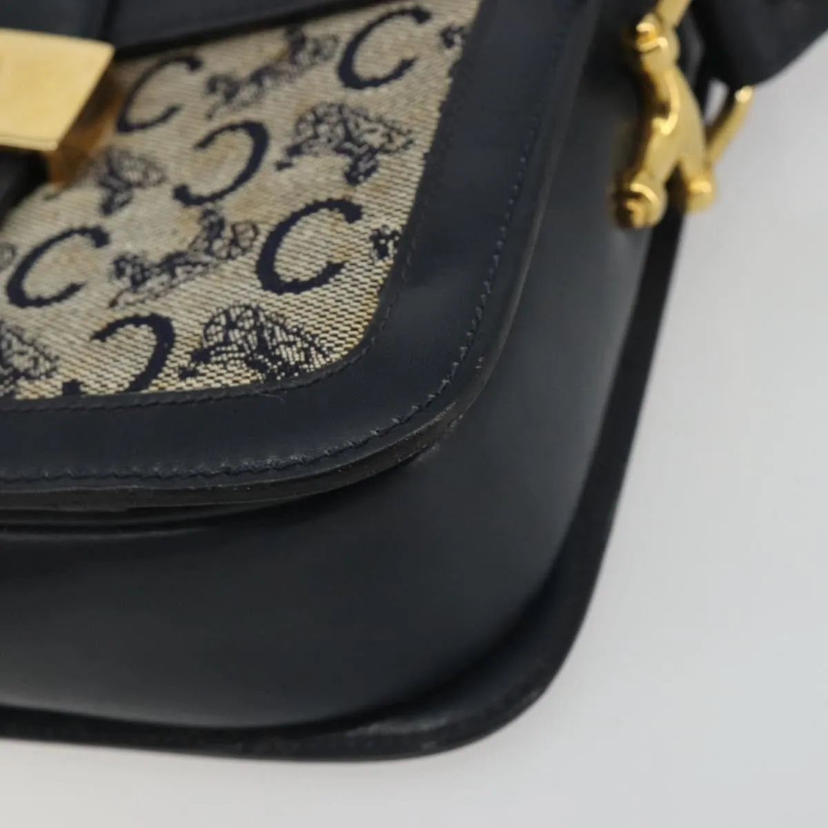 Celine Vintage Horse Carriage C Macadam Canvas and Leather, Navy, Canvas, Shoulder Bag