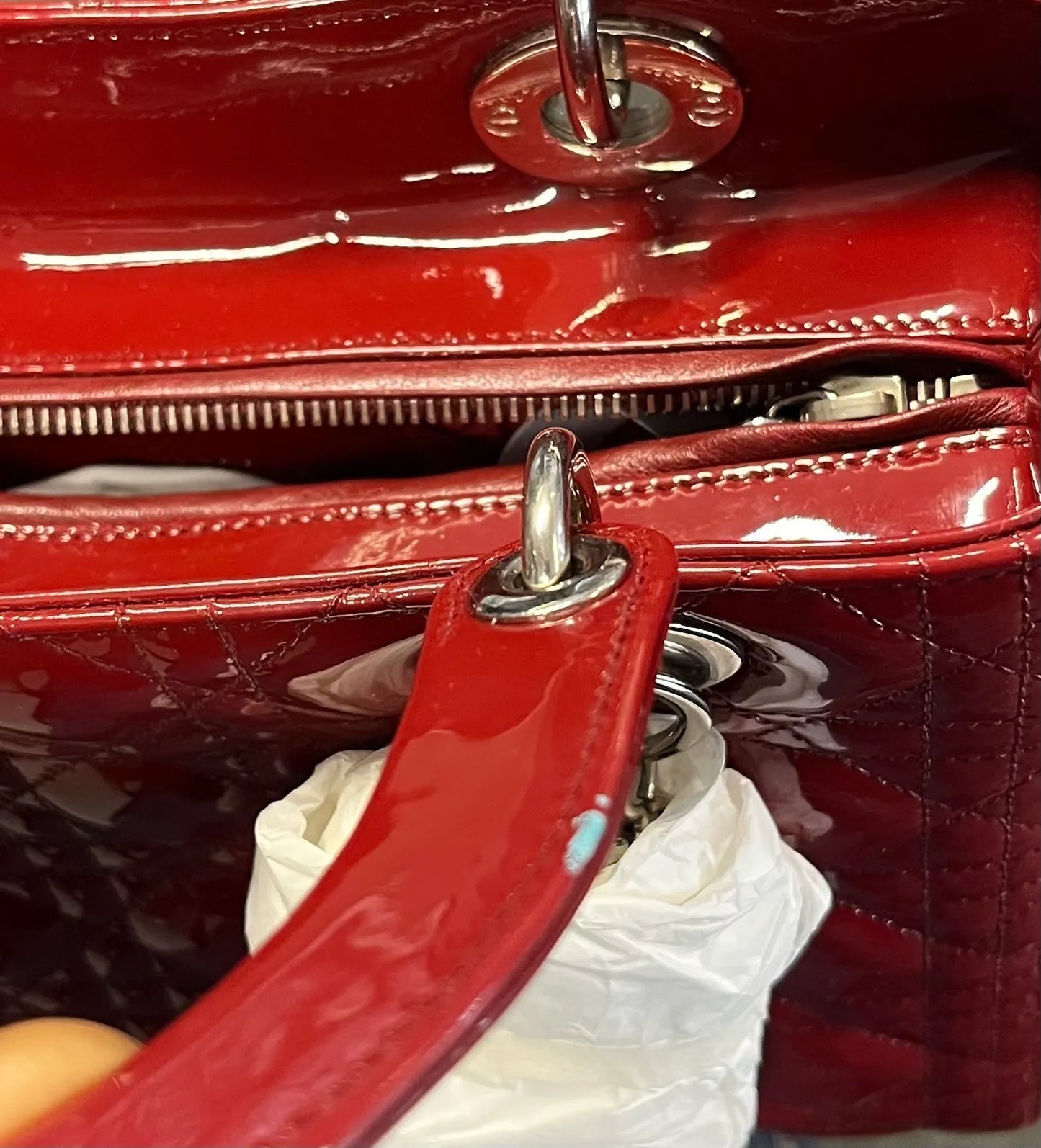 Christian Dior Vintage Lady Dior Cannage Quilt Patent, Burgundy, Patent Leather, Handbag