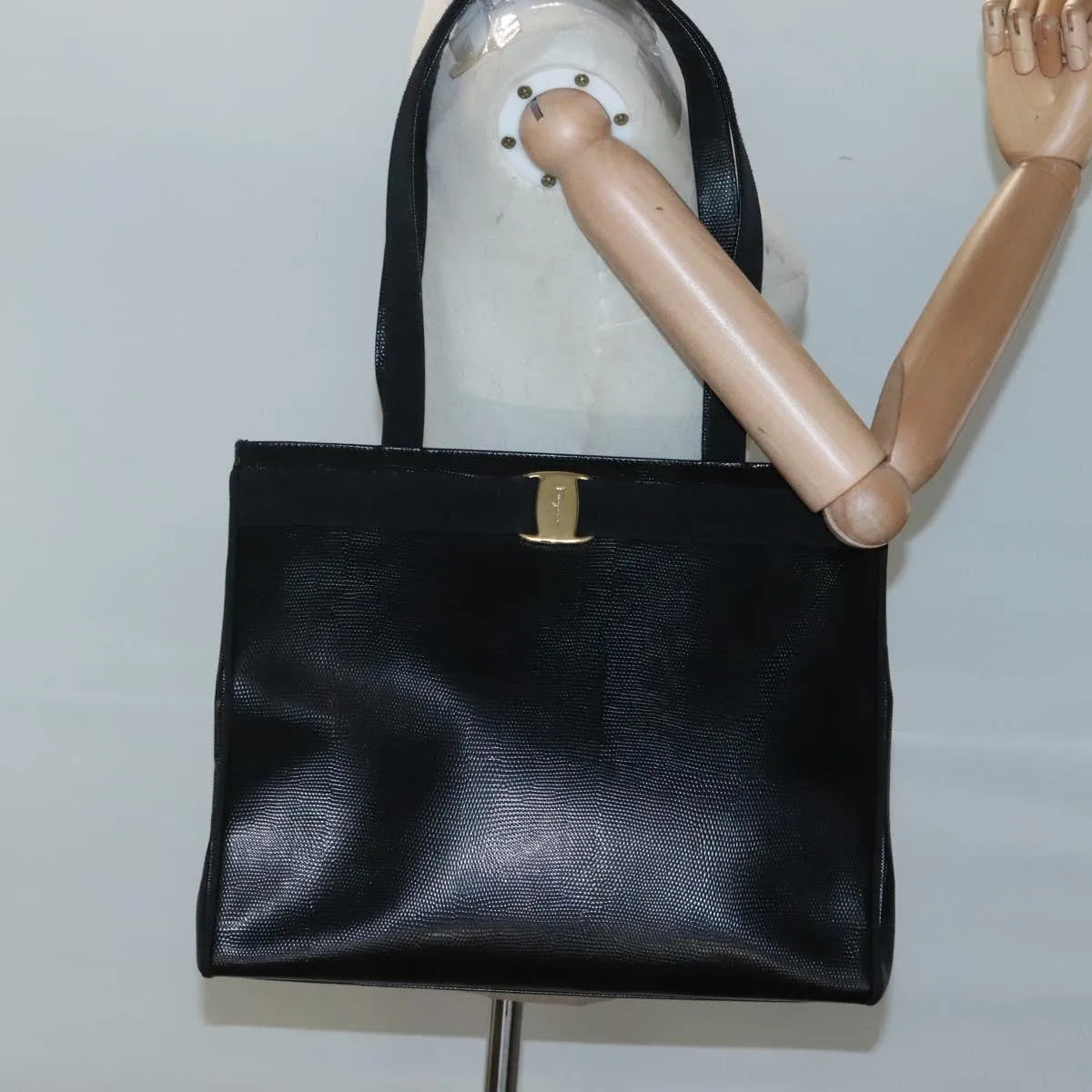 Salvatore Ferragamo Vintage Vara Bow Tote Lizard Embossed Leather, Black, Leather, Tote Bag