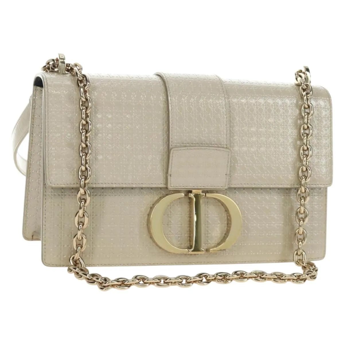 Christian Dior 30 Montaigne Chain Flap Micro Cannage Metallic Calfskin, Beige, Patent Leather, Shoulder Bag