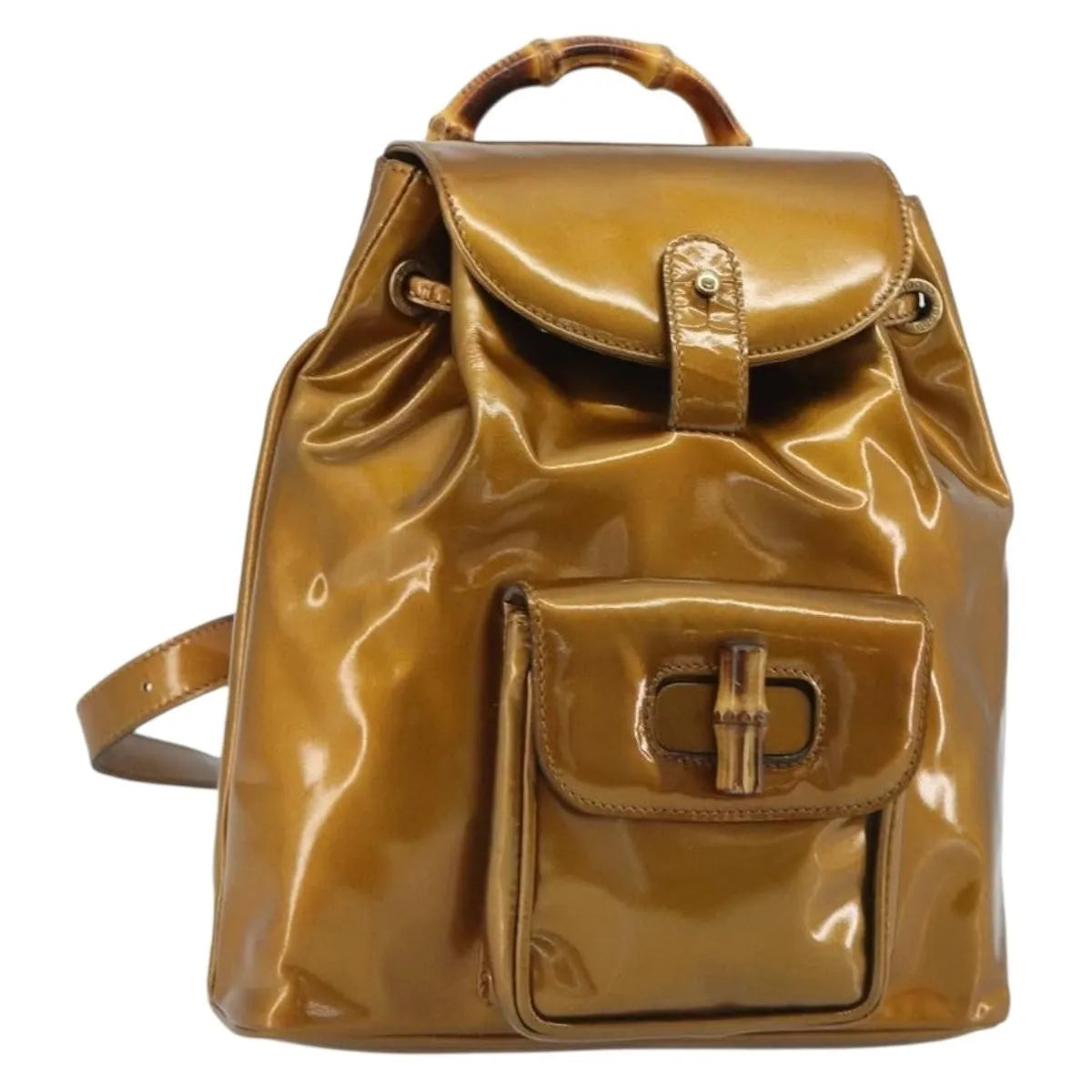 Gucci Vintage Bamboo Patent, Gold, Patent Leather, Backpack