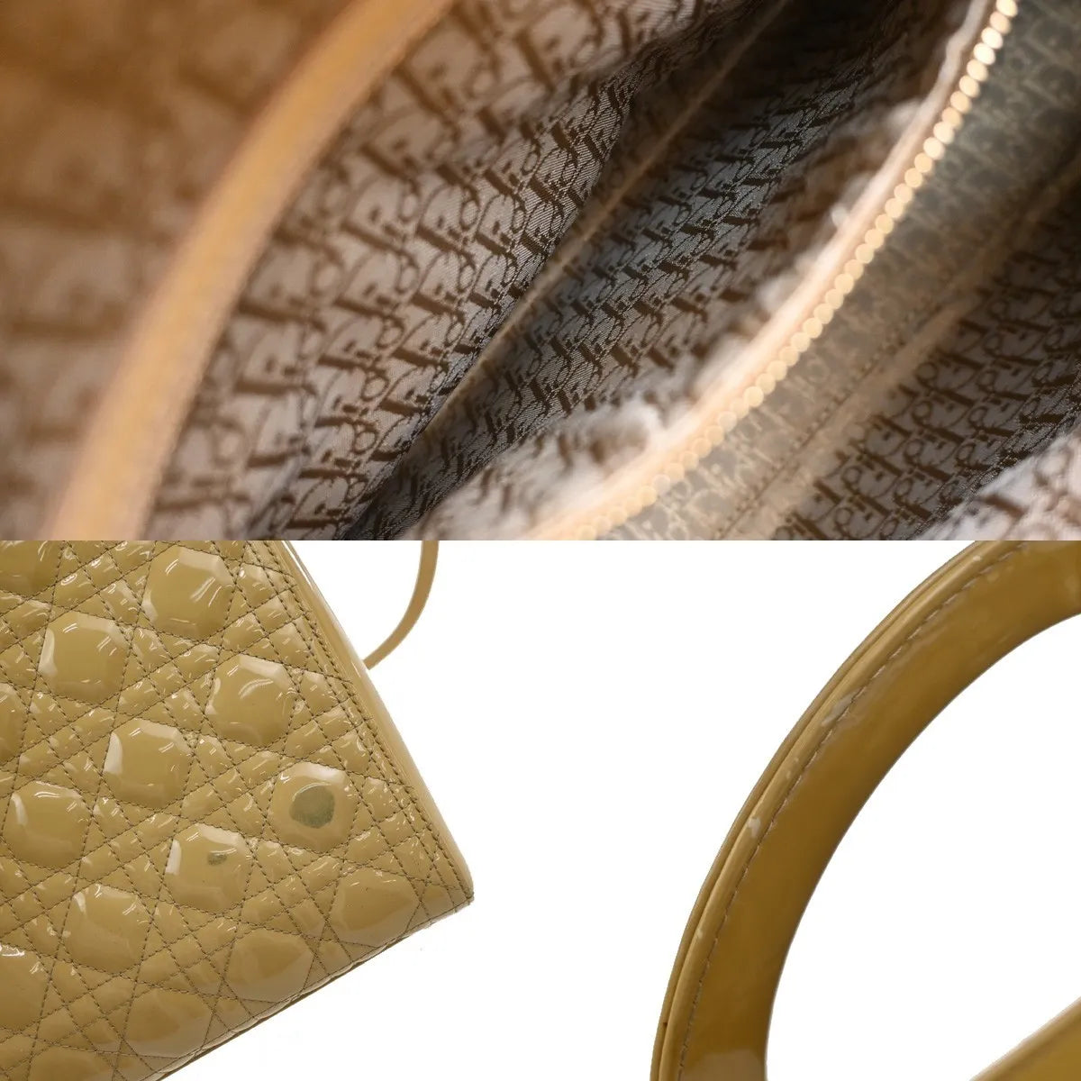 Christian Dior Lady Dior Cannage Quilt Patent, Yellow, Patent Leather, Handbag