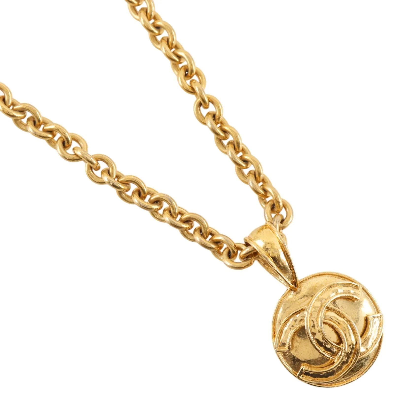 Chanel Vintage CC Round Pendant Long Metal, Gold, Gold Plated, Necklace