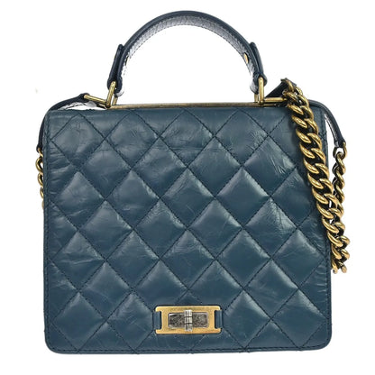 Chanel Rita Top Handle Flap Quilted Aged Calfskin, Blue, Leather, Shoulder Bag