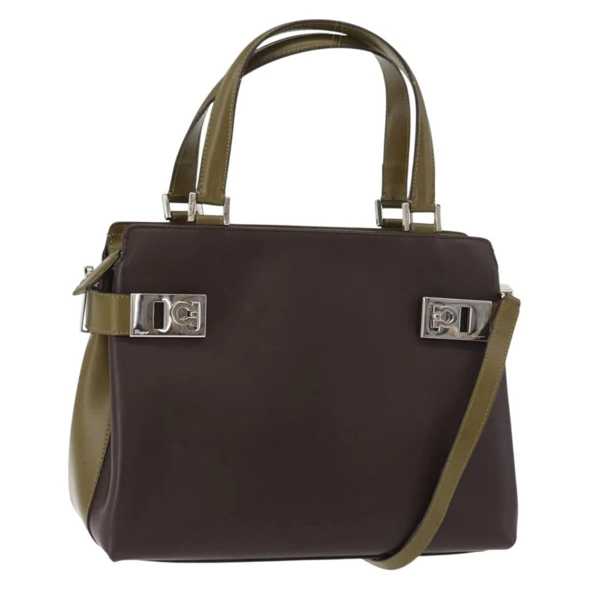 Salvatore Ferragamo Double Gancini Side Buckle Tote Patent Leather, Brown, Patent Leather, Handbag