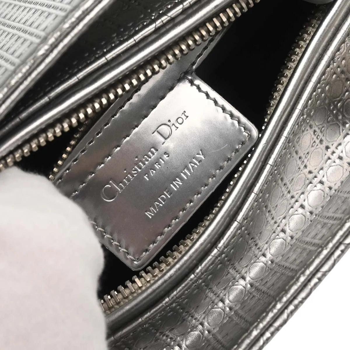 Christian Dior Lady Dior Micro Cannage Metallic Calfskin, Silver, Calfskin, Handbag