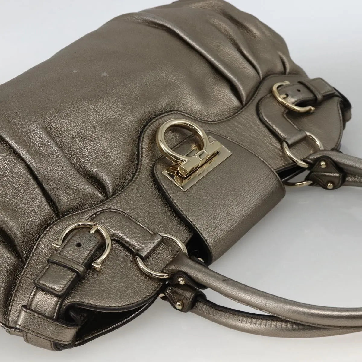 Salvatore Ferragamo Gancini Leather, Silver, Leather, Handbag