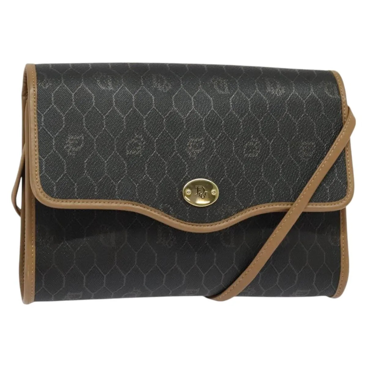 Christian Dior Vintage Honeycomb Flap Coated Canvas, Black, Canvas, Shoulder Bag