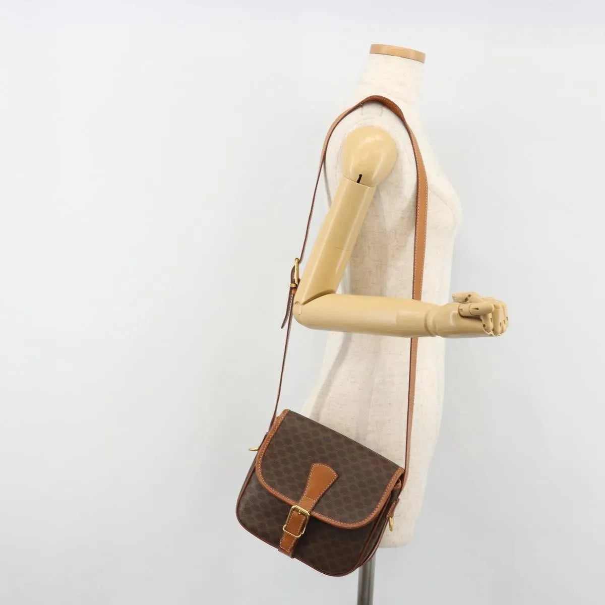 Celine Vintage Macadam Canvas and Leather, Brown, Canvas, Shoulder Bag